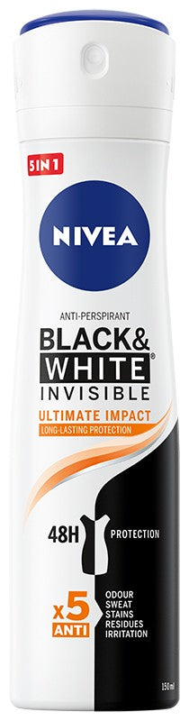 Nivea BLACK &WHITE INVISIBLE Deodorant Ultimate Impact 5in1 spray 150ml | Vaistine1.lt | WestPharmacy.eu
