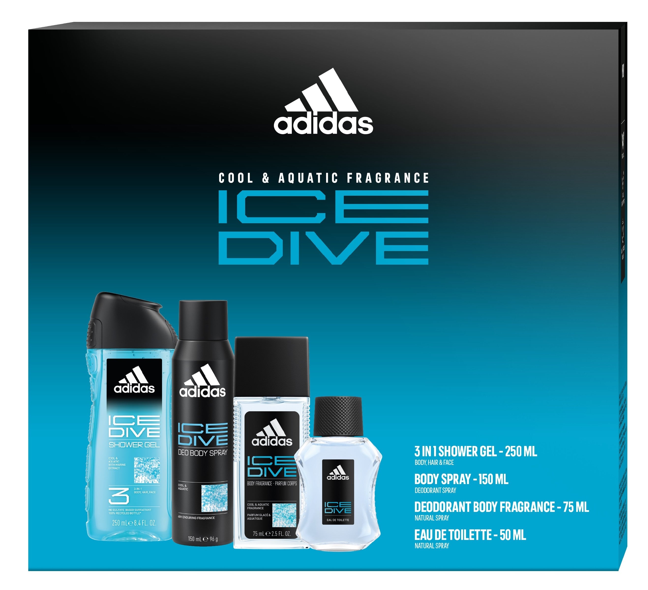ADIDAS Ice Dive gift set (Natural deodorant spray 75ml+Deodorant spray 150ml+Shower gel 3in1+Eau de toilette 50ml) | Vaistine1.lt | WestPharmacy.eu