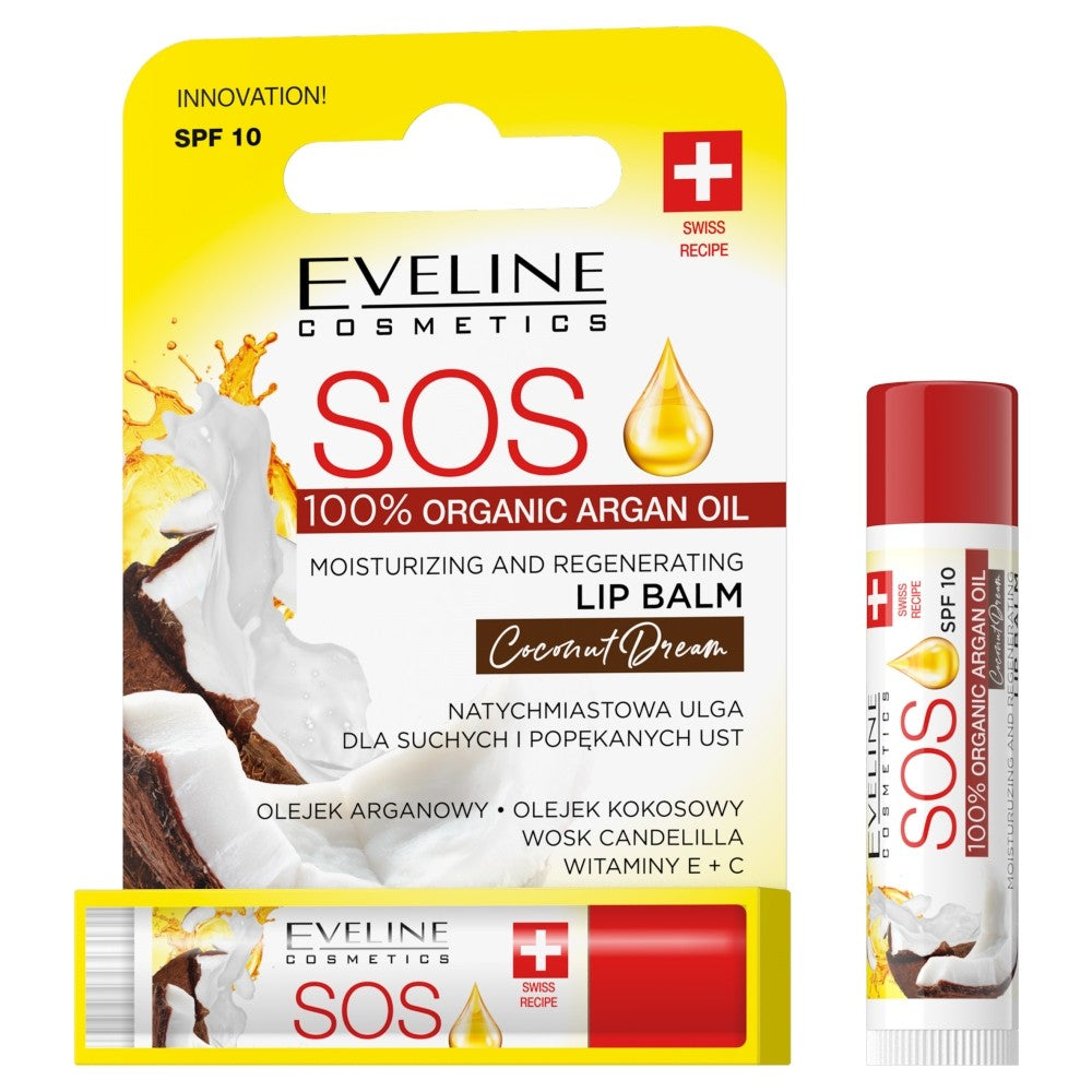 EVELINE SOS Lip Balm 100% Organic Argan Oil Moisturizing-Regenerating Lip Balm Coconut Dream 1 piece | Vaistine1.lt | WestPharmacy.eu