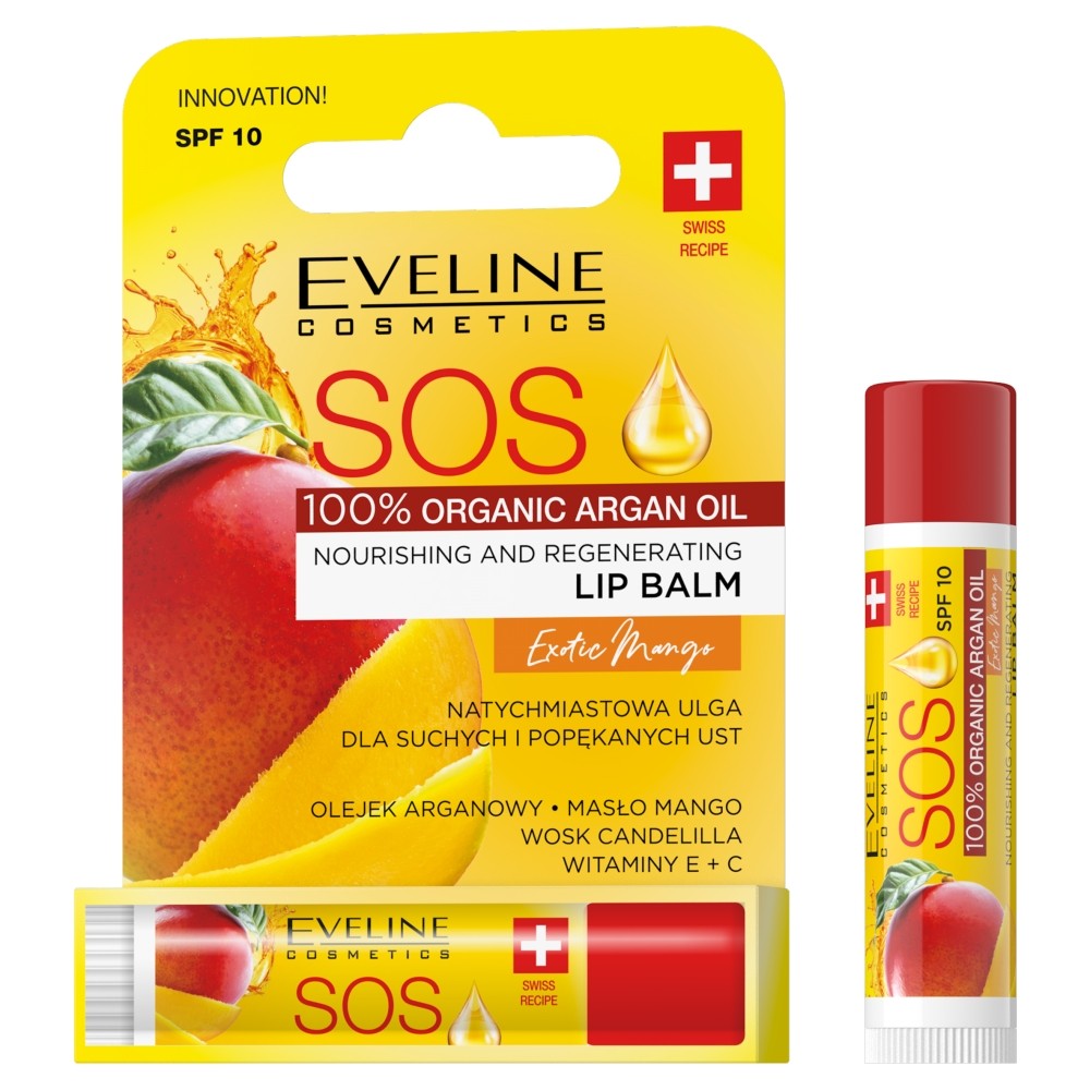 EVELINE SOS Lip Balm 100% Organic Argan Oil Nourishing-Regenerating Lip Balm Exotic Mango 1 piece | Vaistine1.lt | WestPharmacy.eu