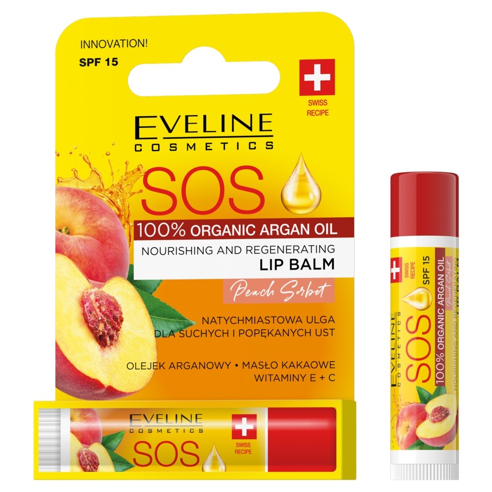 EVELINE SOS Lip Balm 100% Organic Argan Oil Nourishing-Regenerating Lip Balm Peach Sorbet 1 piece | Vaistine1.lt | WestPharmacy.eu