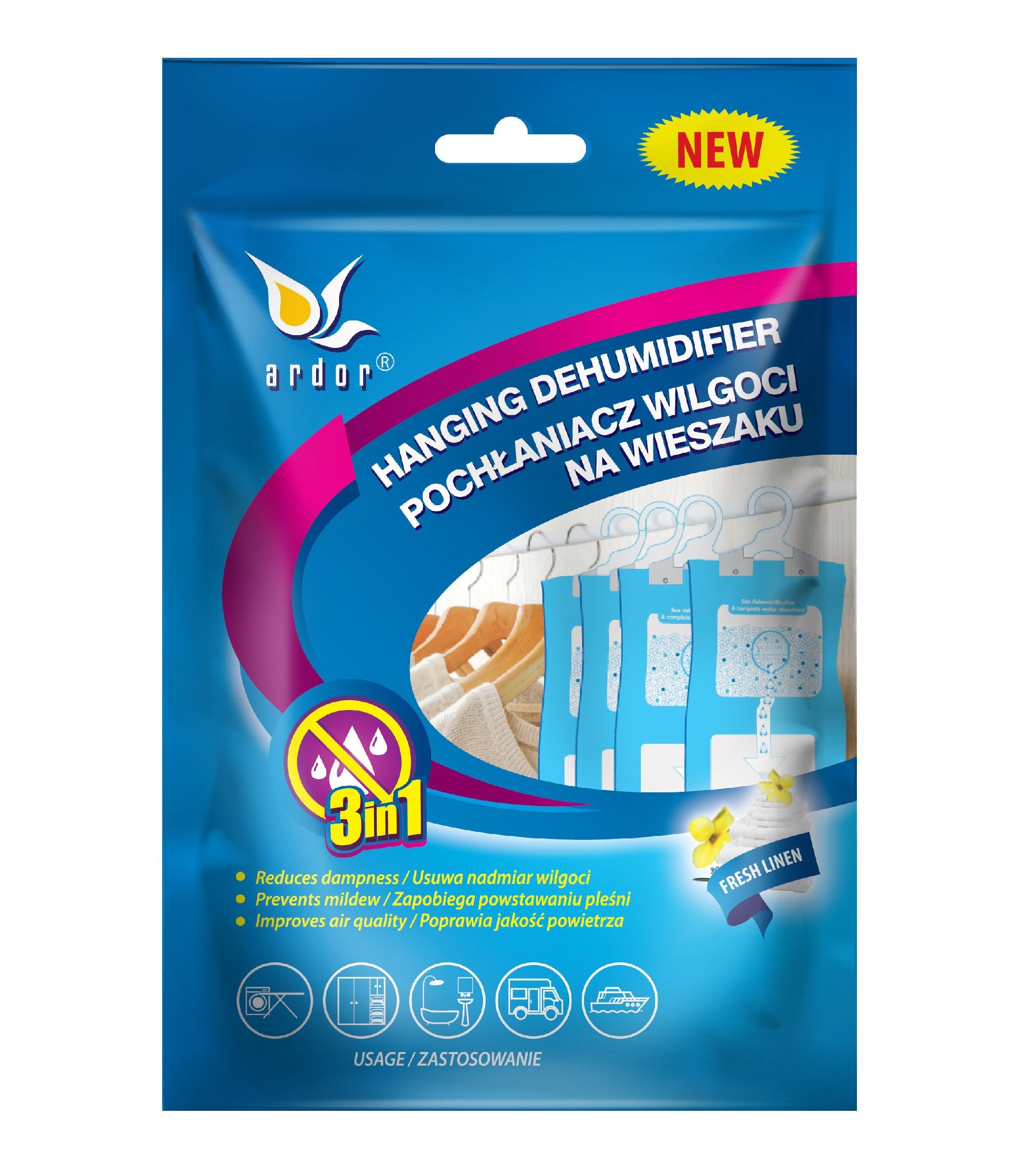 ARDOR Moisture absorber on a hanger 3in1 - Fresh Linen 250ml (220g) | Vaistine1.lt | WestPharmacy.eu