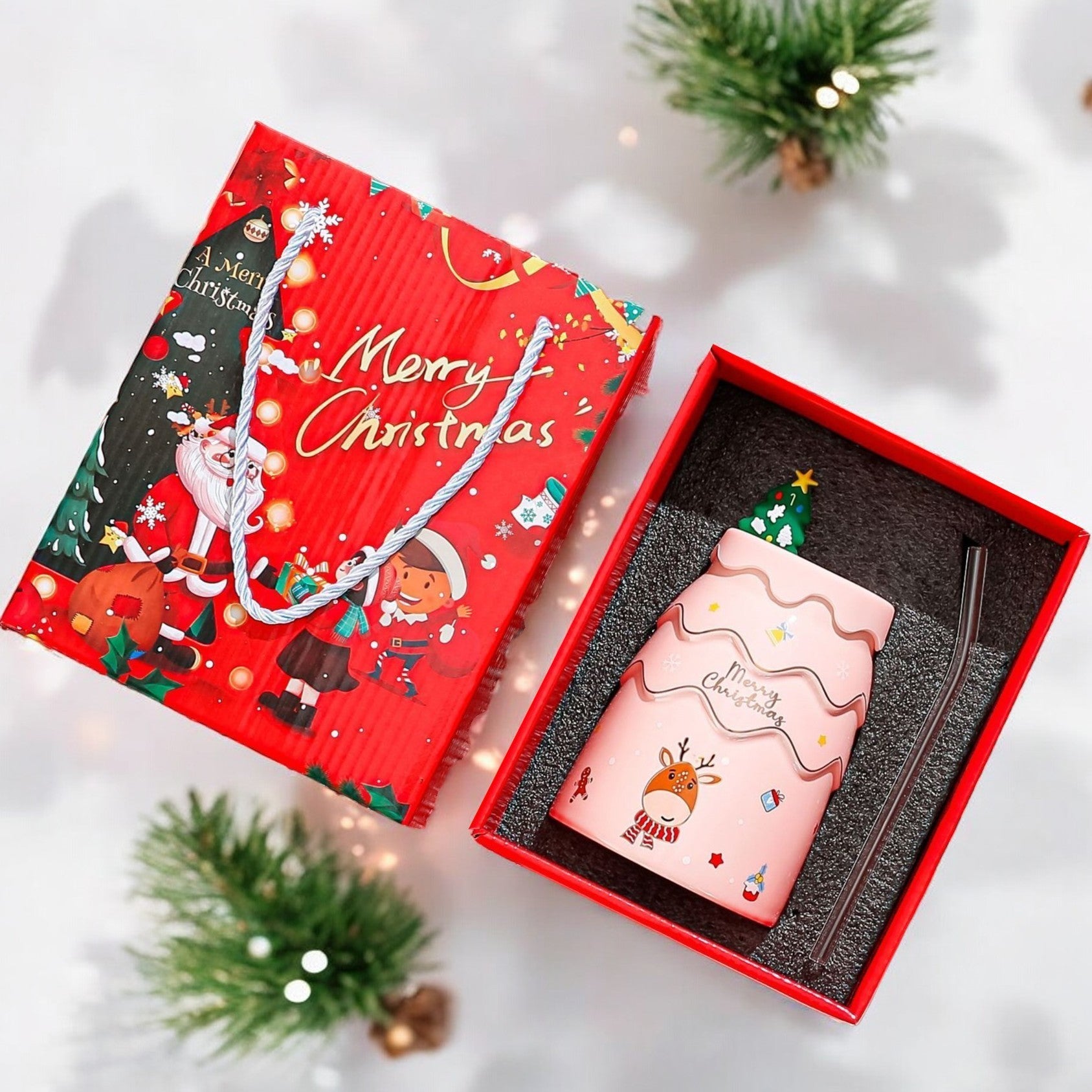 ECARLA Christmas mug with silicone lid and tube - pink KB06R 400 ml | Vaistine1.lt | WestPharmacy.eu