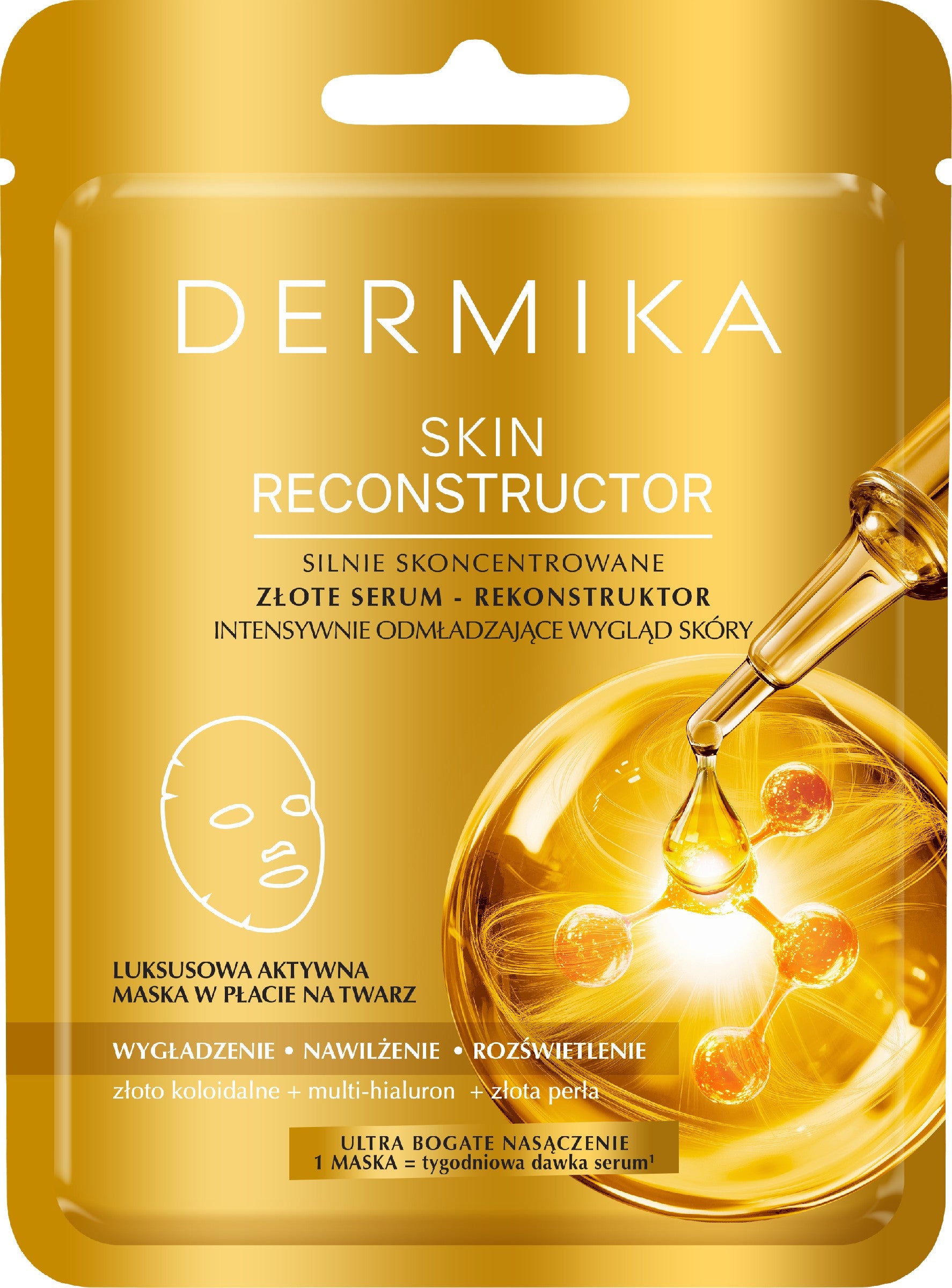DERMIKA SKIN RECONSTRUCTOR Highly concentrated golden serum – a reconstructor that intensively rejuvenates the appearance of the skin. A luxurious active sheet mask for the face. | Vaistine1.lt | WestPharmacy.eu