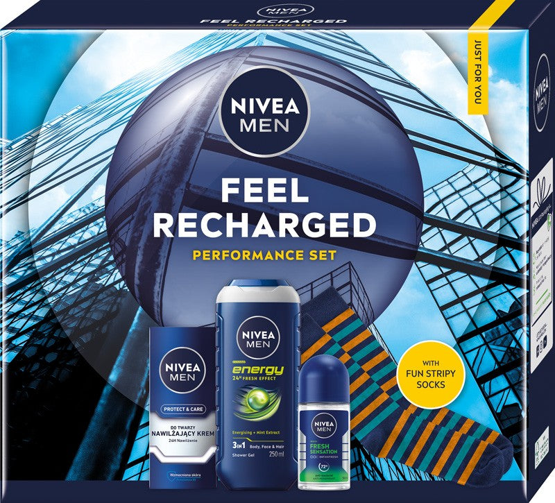 NIVEA Feel Recharged Men's Gift Set (50 ml roll-on antiperspirant + 75 ml face cream + 250 ml shower gel + socks) | Vaistine1.lt | WestPharmacy.eu