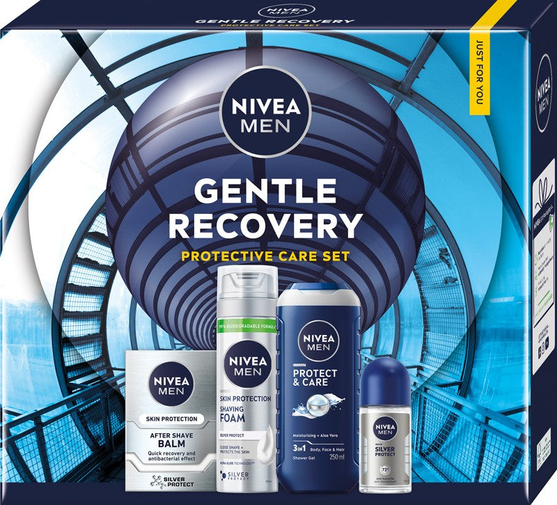 NIVEA Gentle Recovery Gift Set for Men (Shaving Foam 200ml + After Shave Balm 100ml + Roll-On Antiperspirant 50ml + Shower Gel 250ml) | Vaistine1.lt | WestPharmacy.eu