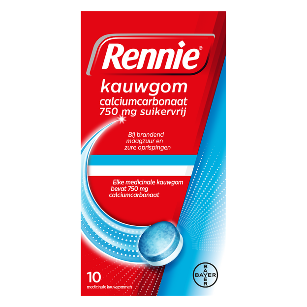 Rennie Kauwgom Calciumcarbonaat 750 mg - Suikervrij - 10 st - Vaistine1.lt
