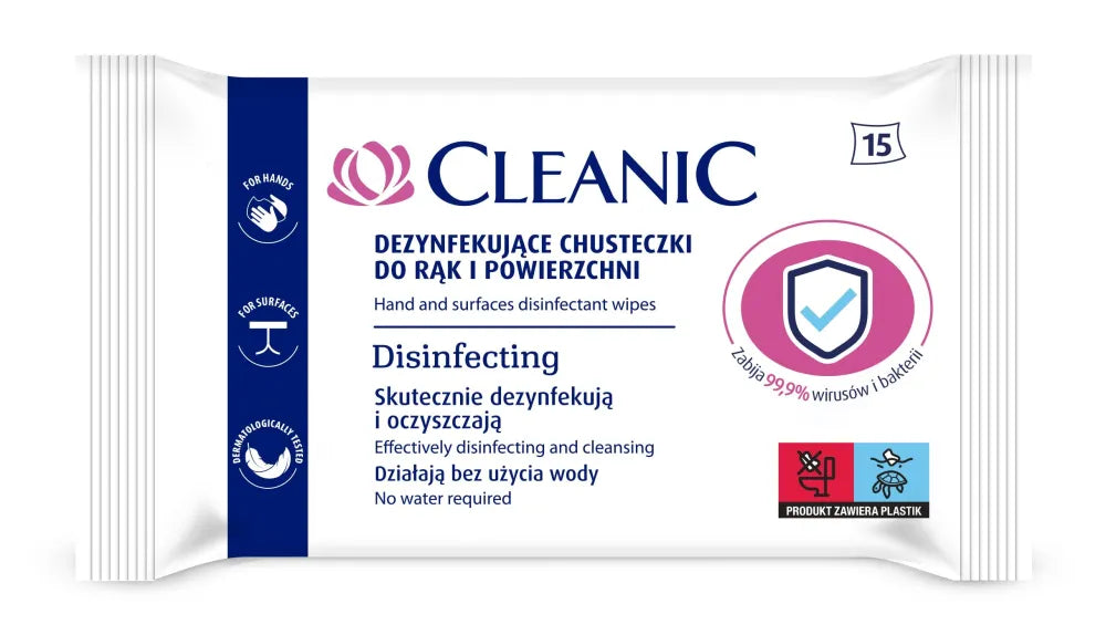 Cleanic Dezinfekuojančios Servetėlės rankoms ir paviršiams 1 pakuotė - 15 vnt - Kosmetika