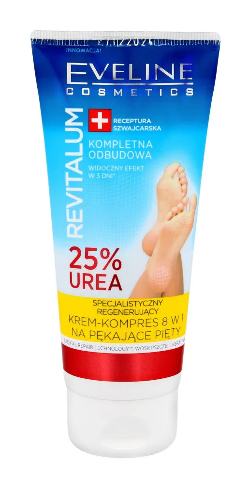 Eveline Revitalum 25% Urea Regeneruojantis kremas-kompresas 8in1 įtrūkusiems kulnams 100ml - Kosmetika