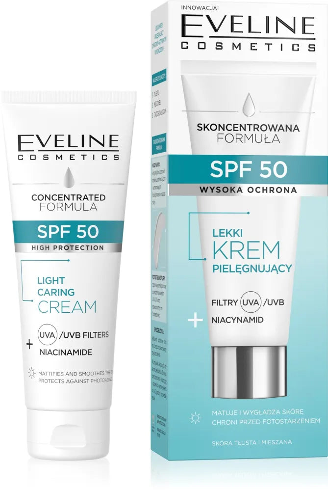 EVELINE SPF 50 Light Care Cream Filtrai + Niacinamidas riebiai ir mišriai odai 30 ml - Kosmetika