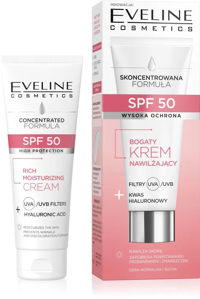 EVELINE SPF 50 Riebus drėkinamasis kremas filtrai + hialurono rūgštis normaliam ir sausam odai 30 ml - Kosmetika
