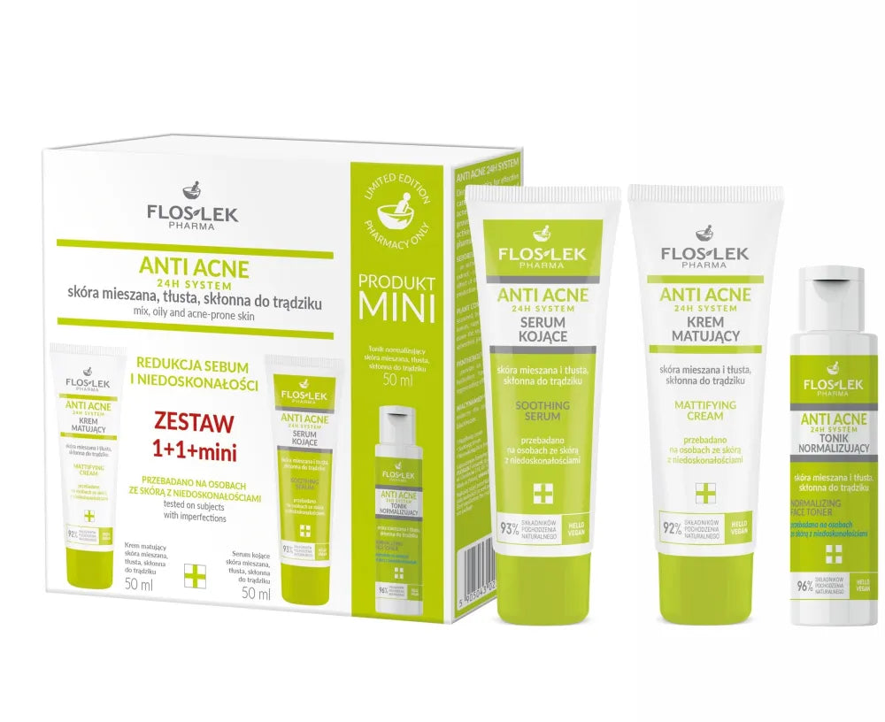 FLOSLEK Anti Acne dovanų rinkinys Matinis kremas + Raminantis serumas + Normalizuojantis tonikas - Kosmetika