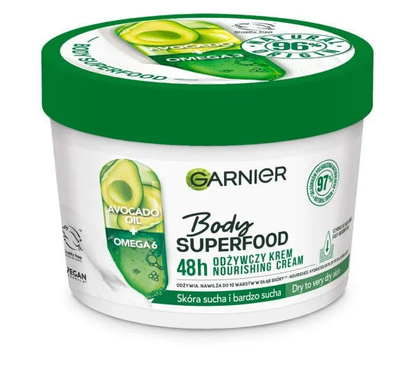 Garnier Body SuperFood Nourishing Cream Avocado Oil + Omega 6 - sausai ir labai odai 380ml - Kosmetika