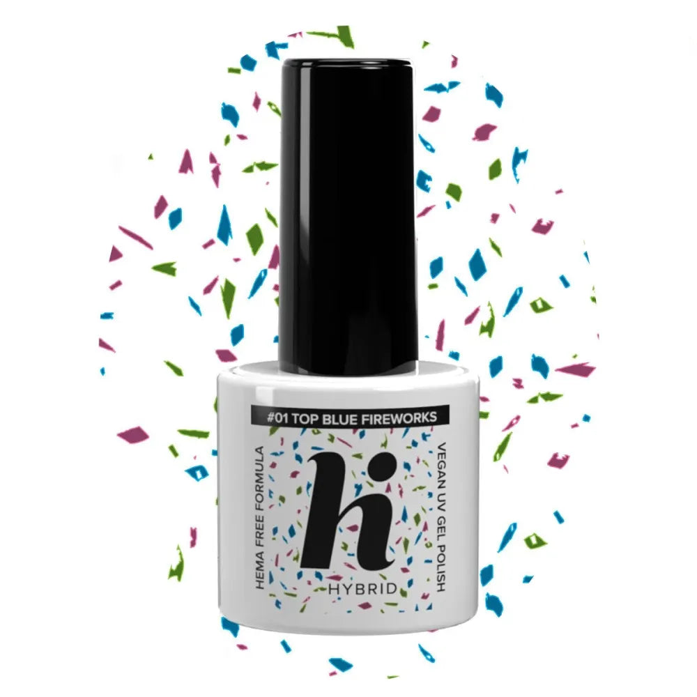 Hi Hybrid HEMA Free Top for nagų lakas No Wipe #01 Mėlyna Fejerverkas 5ml - Kosmetika