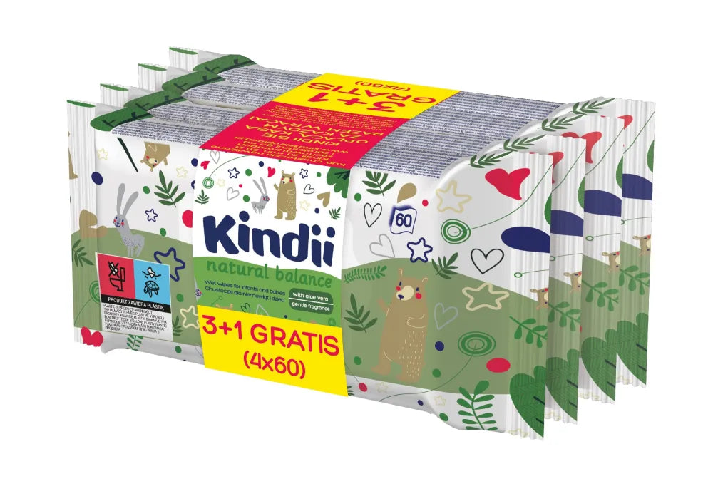 Kindi Natural Balance valymo servetėlės kūdikiams ir vaikams TRIO 1 pakuotė - 3x60 vnt. - Kosmetika