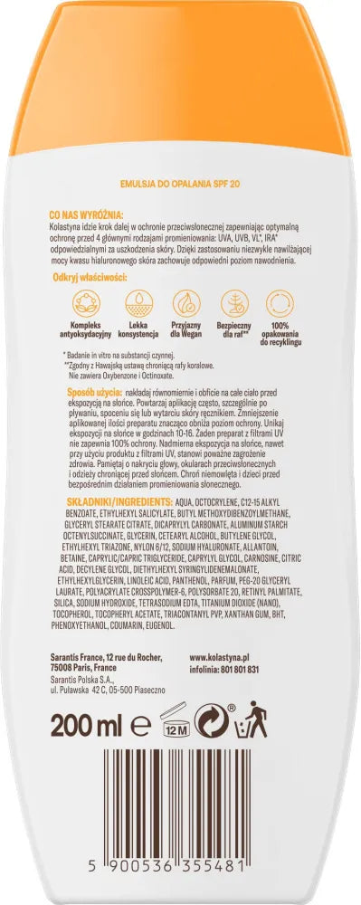 KOLASTYNA Protection and Hydration Sunscreen Emulsion SPF 20 200 ml - Kosmetika