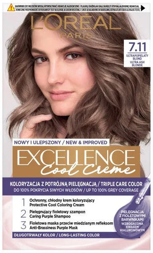 LOREAL Excellence Creme Plaukų dažai 7.11 Ultra pelenų šviesiaplaukis - Kosmetika