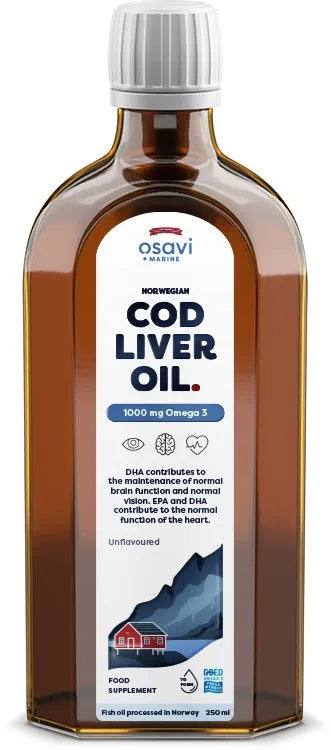 Norwegian Cod Liver Oil 1000mg Omega 3 (Unflavoured) - 250 ml - Osavi - Papildai