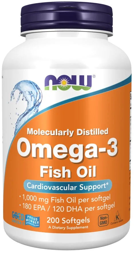 Omega-3 Fish Oil Molecularly Distilled - 200 softgels - NOW Foods - Papildai