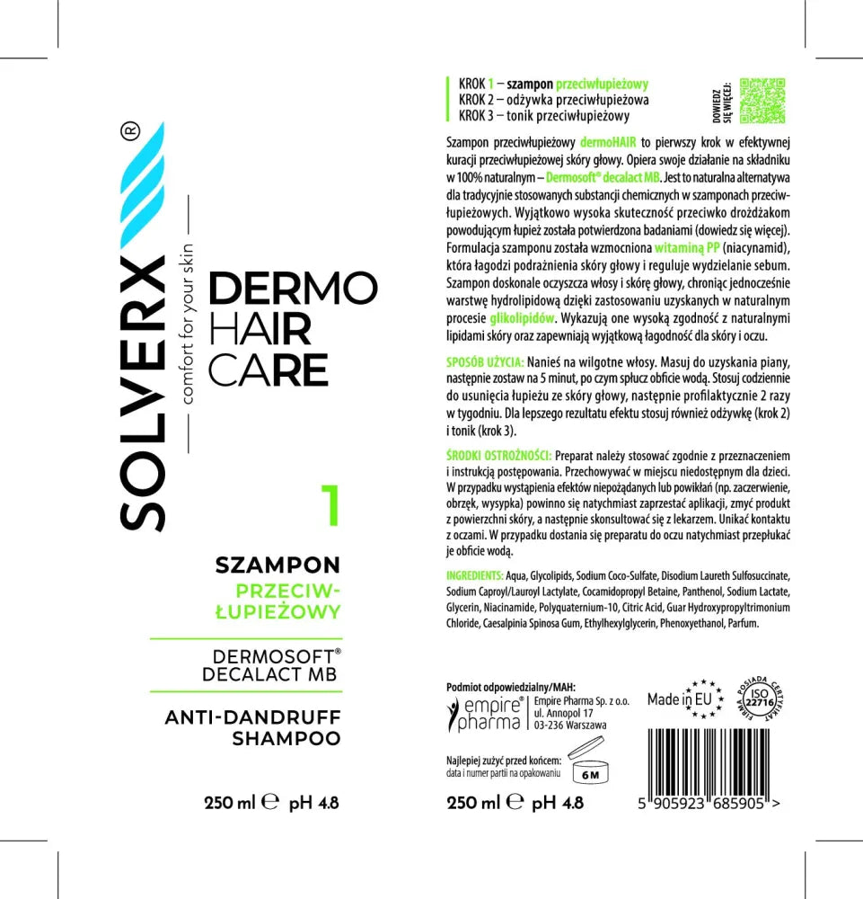 SOLVERX Dermo Hair Anti-dandruff shampoo 250 ml. - Kosmetika