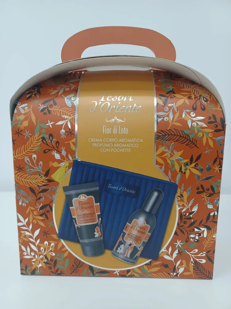 TESORI D’ORIENTE Lotus Flowe Gift Set (100 ml Eau de Toilette + 75 Body Cream + Velvet Cosmetic Bag) - Kosmetika
