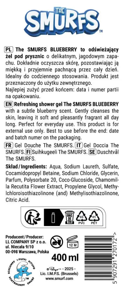 The Smurfs Shower Gel & Shampoo Blueberry 400 ml - Vaikui ir mamai