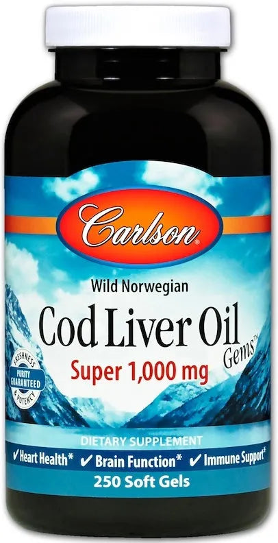Wild Norwegian Cod Liver Oil Gems 1000mg - 250 softgels - Carlson Labs - Papildai