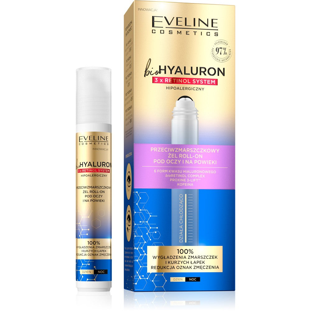 Eveline bioHYALURON 3xRetinol System Anti-wrinkle Roll-on Gel for Eyes and Eyelids 15ml | Vaistine1.lt