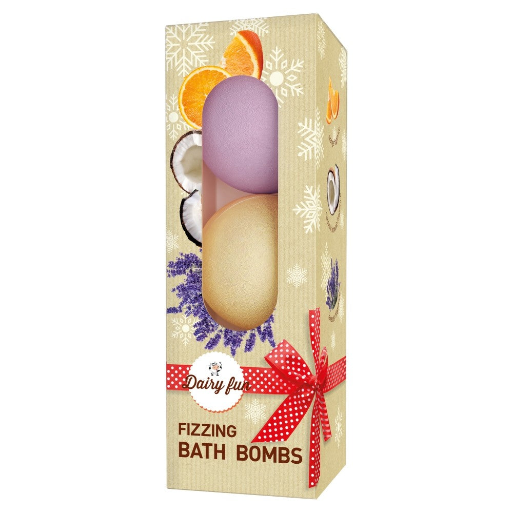 Dairy Fun Fizzing Bath Balls - orange, coconut brownie, lavender 1op.(3x100g) | Vaistine1.lt