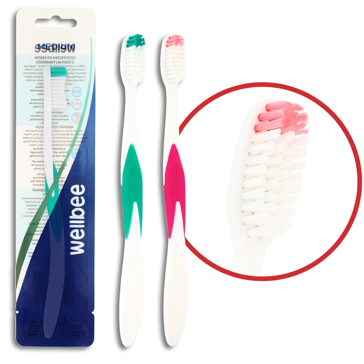 WELLBEE Adult toothbrush with medium hardness (foil 7) - mix of colors 1 piece | Vaistine1.lt