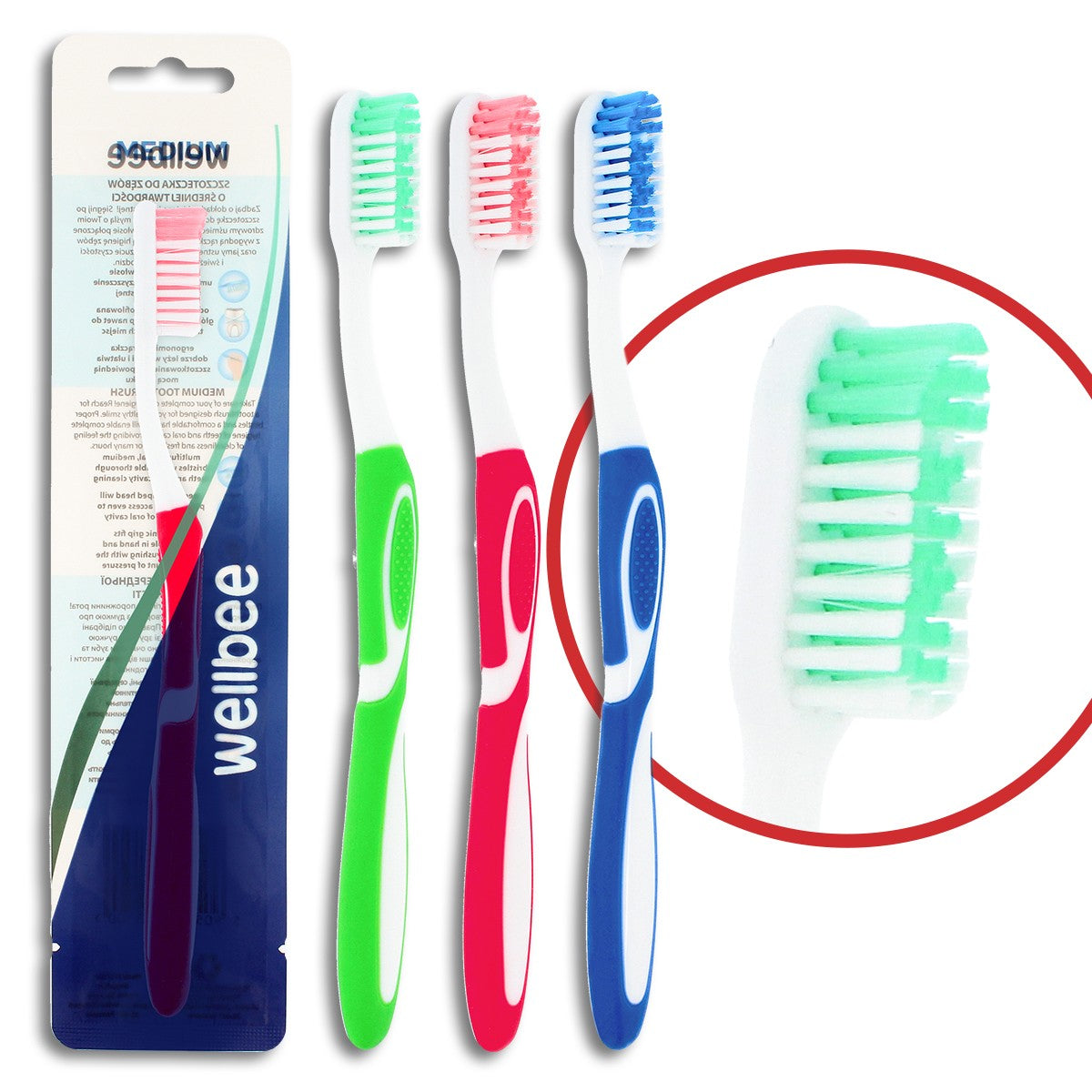 WELLBEE Adult toothbrush with medium hardness (foil 5) - mix of colors 1pc | Vaistine1.lt