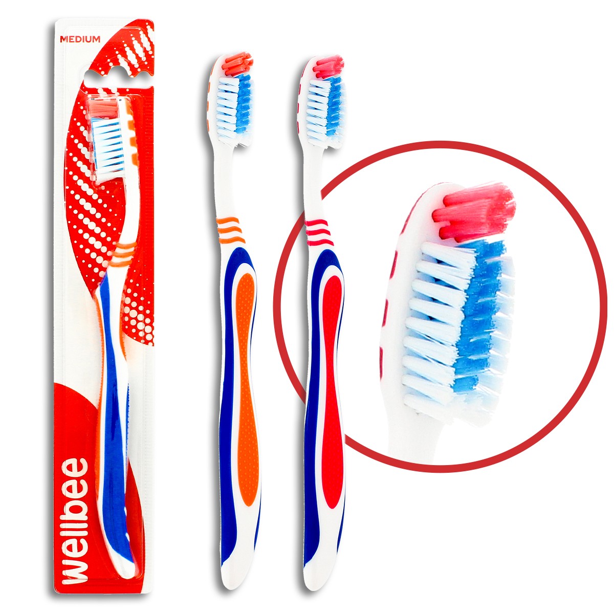 WELLBEE Adult toothbrush with medium hardness (blister 3) - mix of colors 1pc | Vaistine1.lt