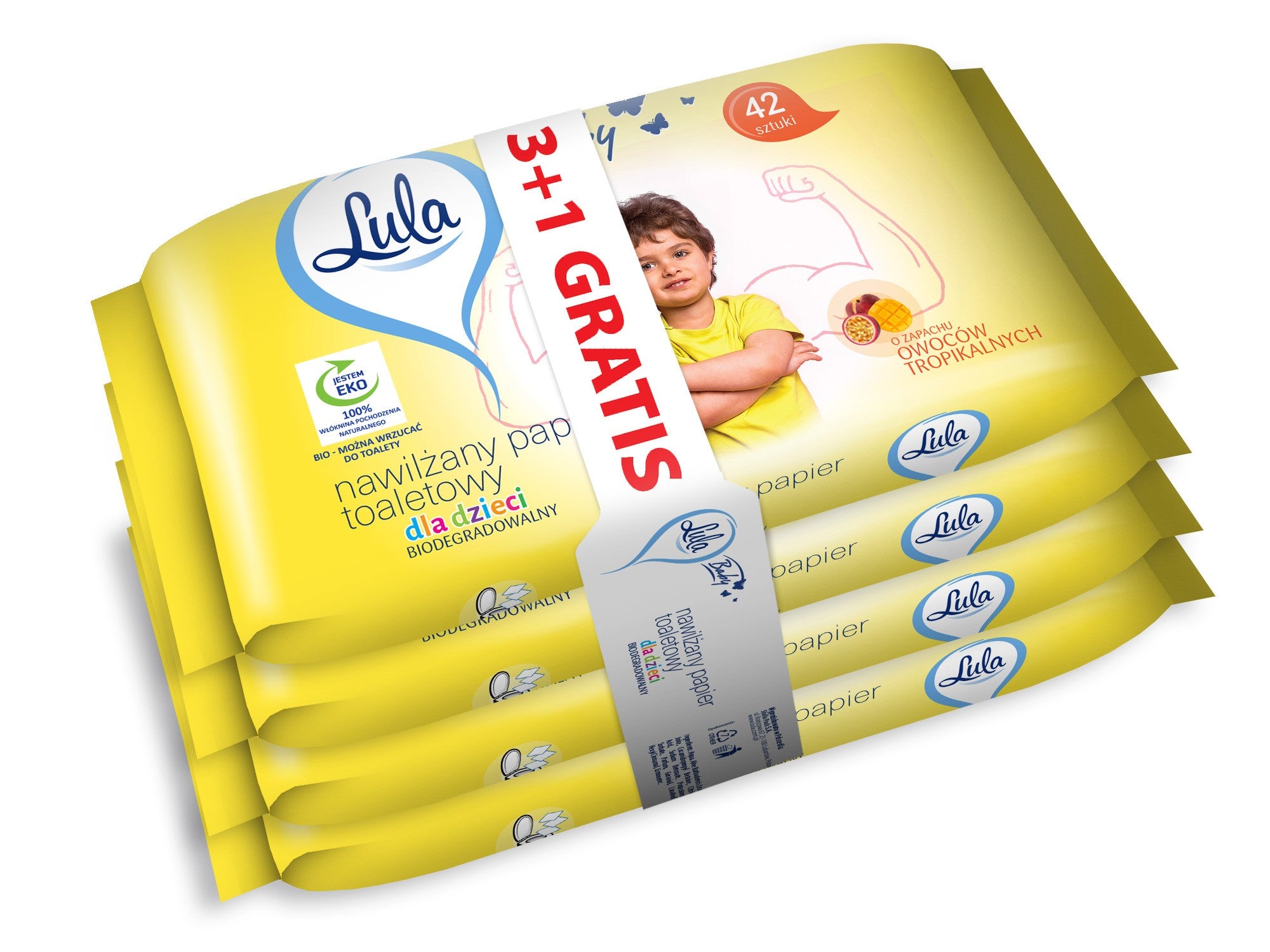 LULA Moisturizing toilet paper for children - tropical fruits 42 pcs. - 3 packs + 1 pack free | Vaistine1.lt