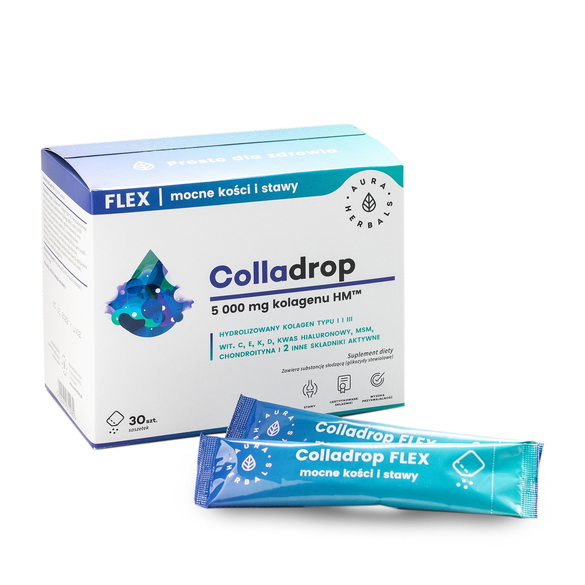 AURA HERBALS Colladrop Flex Hydrolyzed Marine Collagen 5000 mg Type I and III - strong bones and joints (30 sachets)  - Vaistine1.lt | WestPharmacy.eu