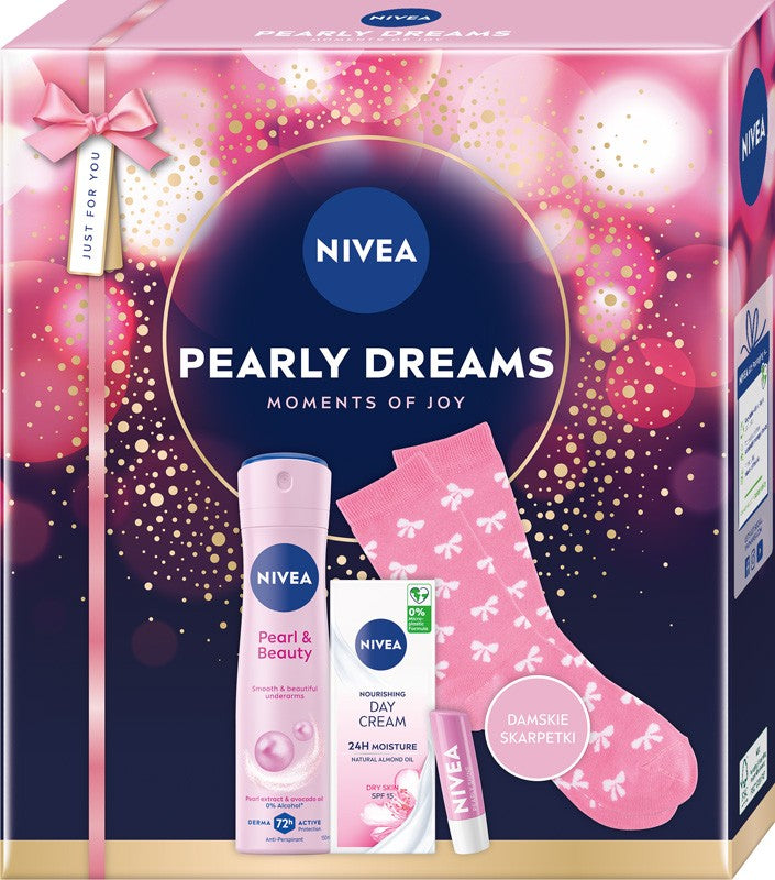 NIVEA Pearly Dreams Gift Set for Women (150 ml Antiperspirant Spray + 50 ml Day Cream + Lip Balm + Socks) | Vaistine1.lt | WestPharmacy.eu