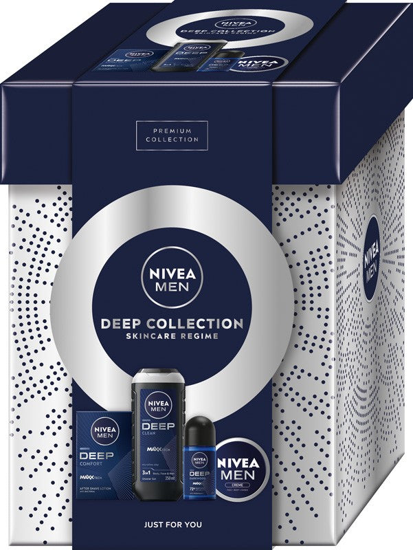 NIVEA Men's Deep Collection Gift Set (50 ml roll-on antiperspirant + 75 ml universal cream + 250 ml shower gel + 100 ml aftershave) | Vaistine1.lt | WestPharmacy.eu