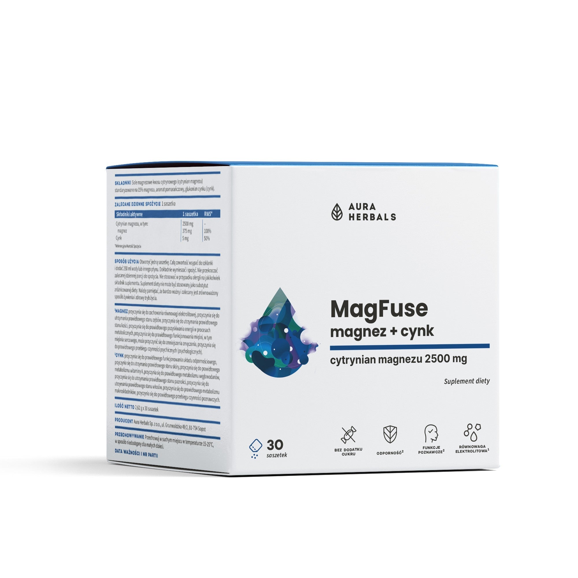 AURA HERBALS MagFuse: magnesium + zinc Dietary supplement Sachets 30 pcs. | Vaistine1.lt | WestPharmacy.eu