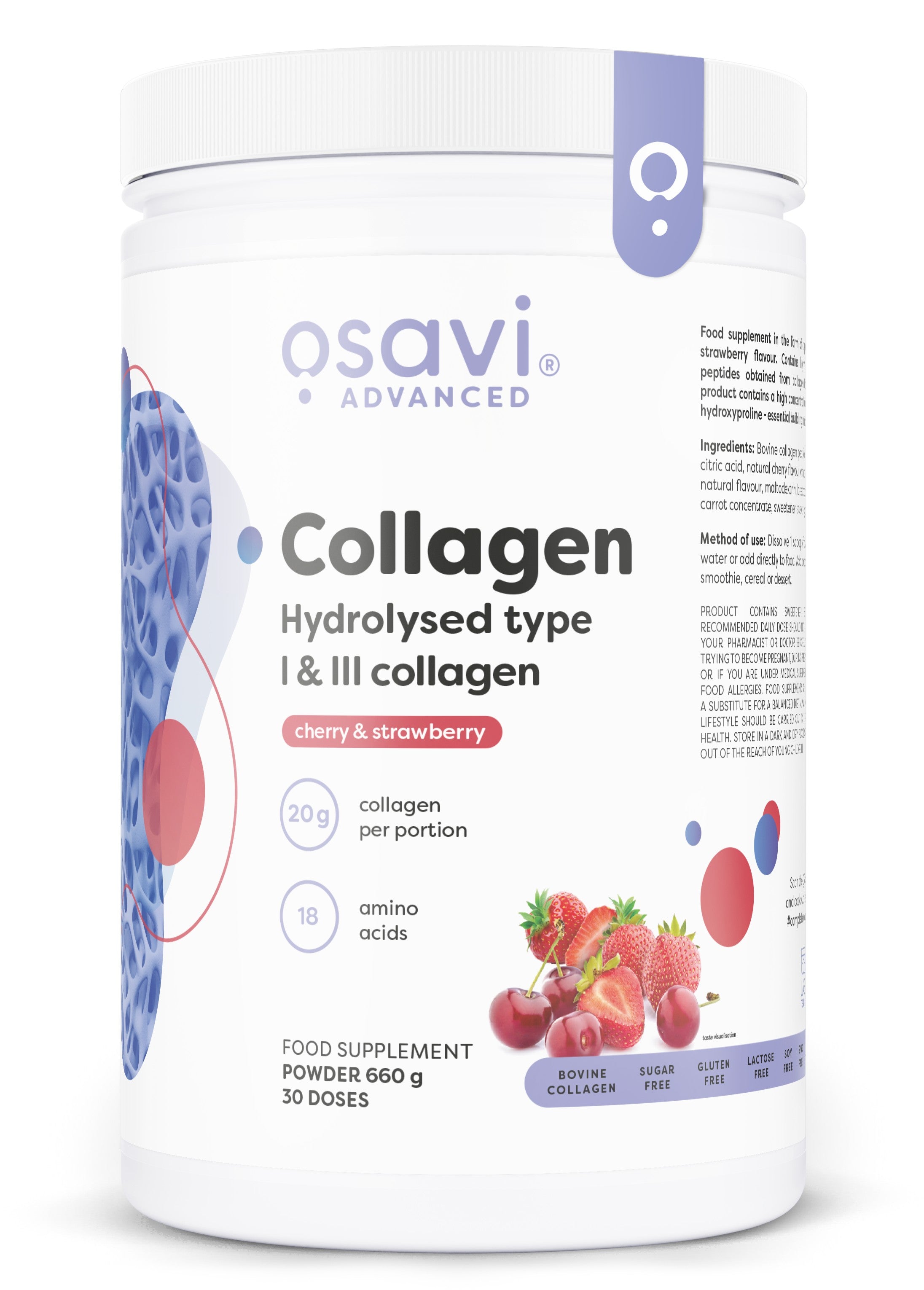 Collagen Hydrolysed Type I & III, Cherry & Strawberry - 660g - Osavi