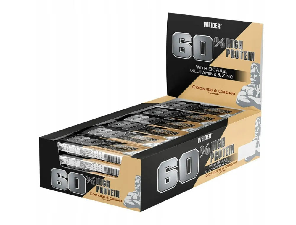 60% Protein Bar Cookies & Cream - 24 x 45g - Weider - Maistas