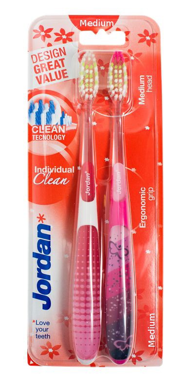 Jordan Toothbrush DUO Individual Clean Medium - mix of colors 1 pack-2 pieces | Vaistine1.lt