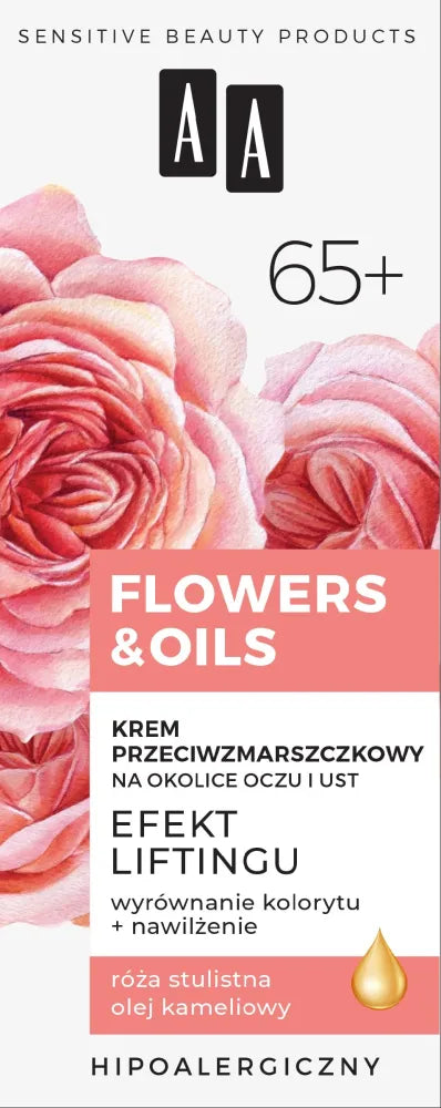 AA Flowers & Oils 65+ Kremas nuo raukšlių aplink akis ir lūpas - pakeliamasis efektas 15ml - Kosmetika