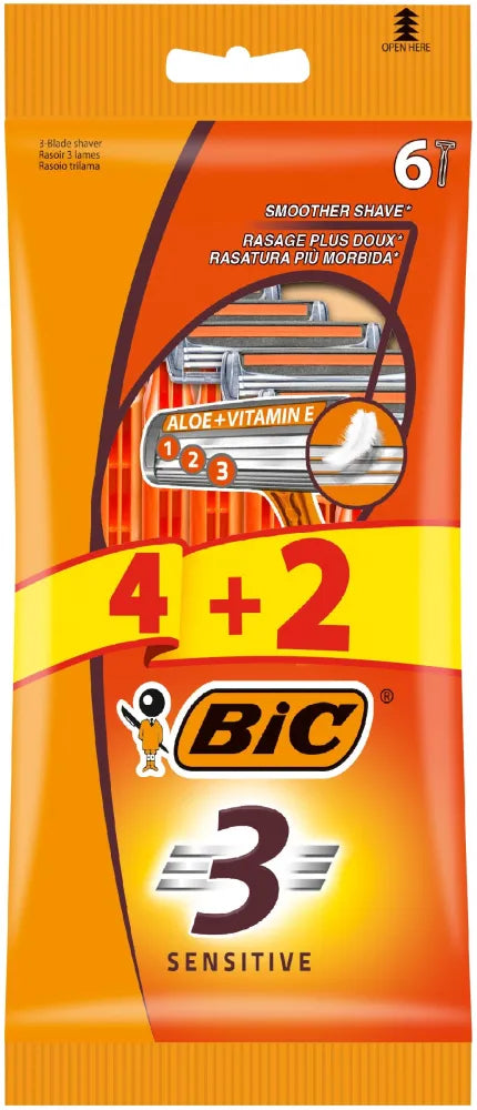 BIC Vyrų skutimosi peiliukai 3 ašmenys Jautriai 1 pakuotė - 6 vnt. (4 + 2 nemokamai) - Kosmetika