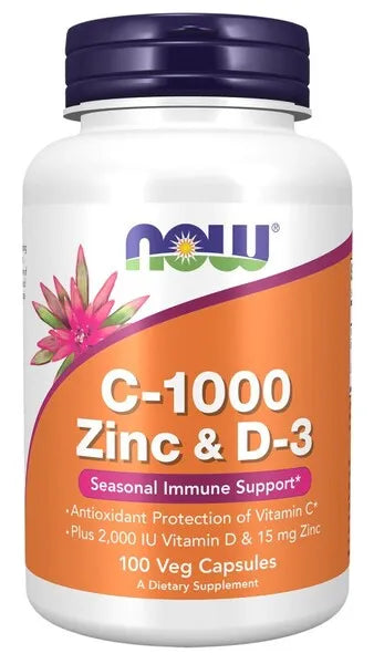 C-1000 Zinc & D-3 - 100 vcaps - NOW Foods - Papildai