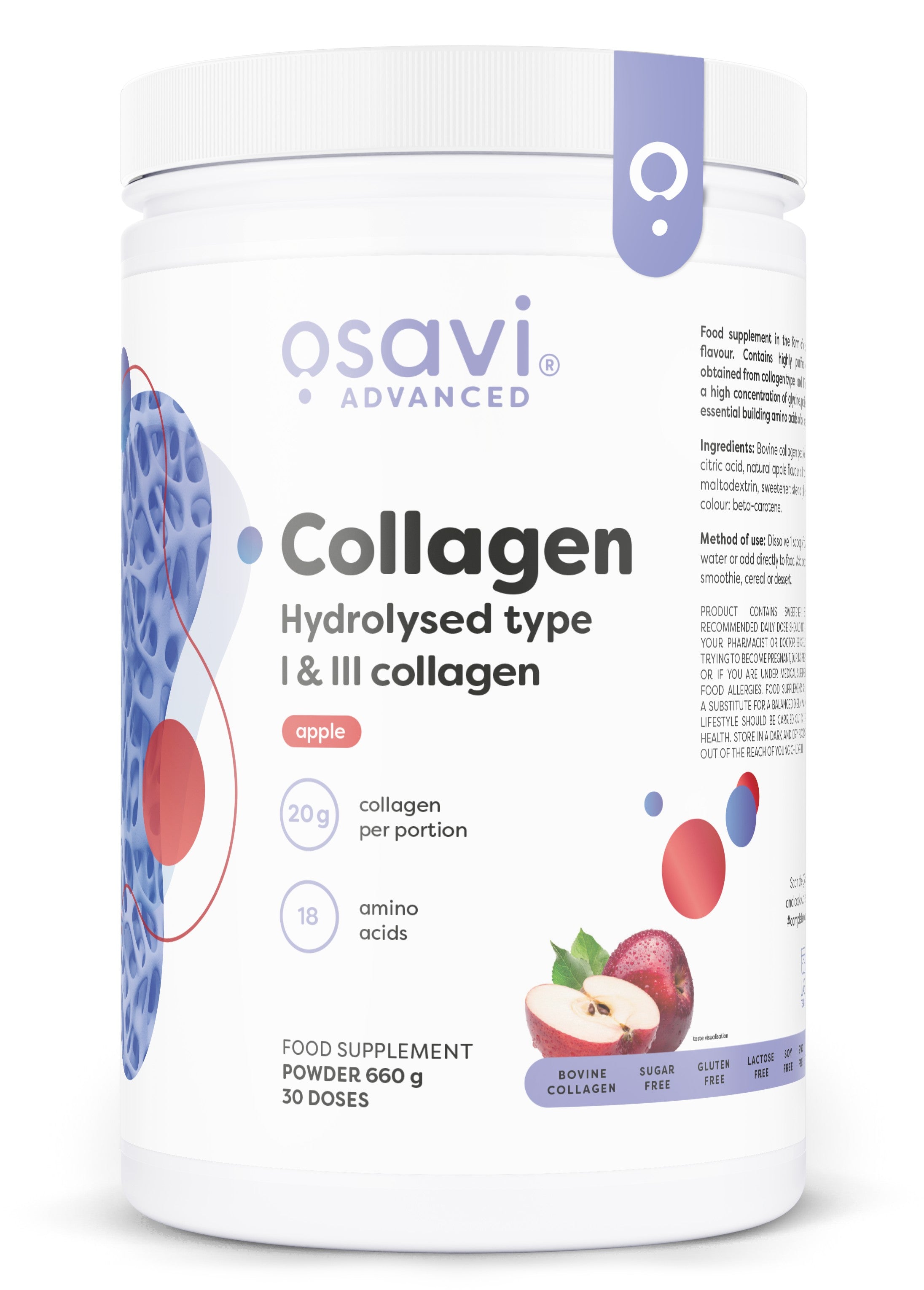 Collagen Hydrolysed Type I & III, Apple - 660g - Osavi