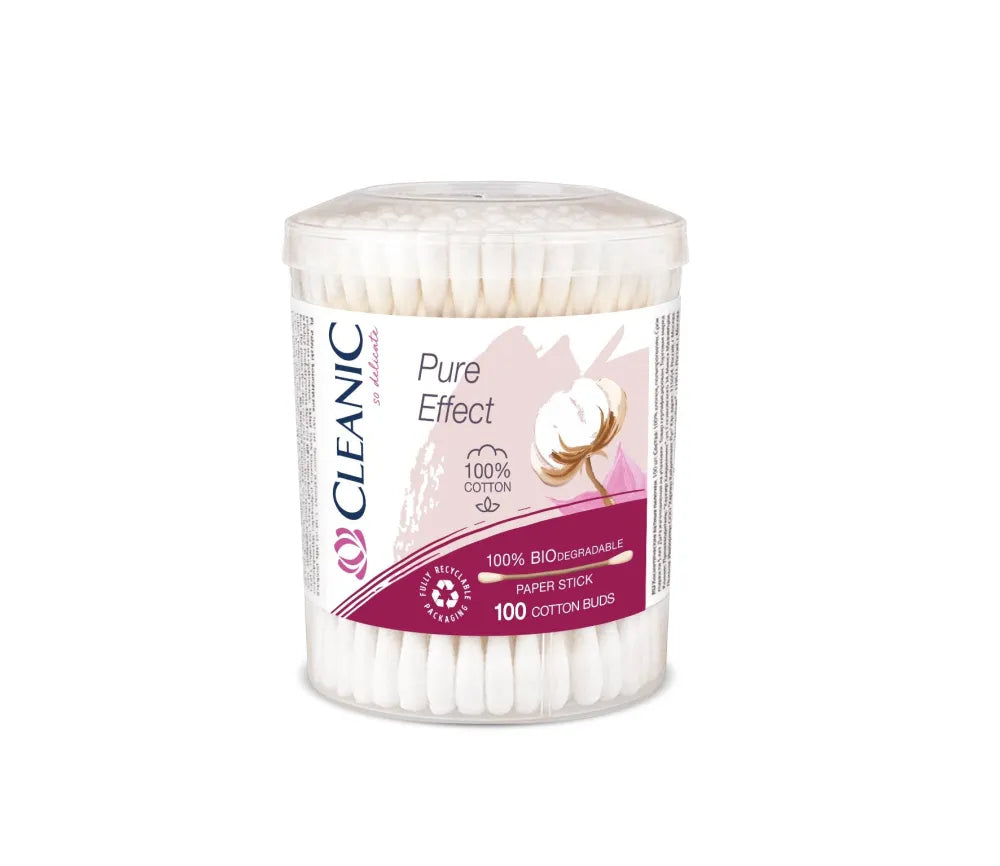 Cleanic Pure Effect Medvilniniai ausų krapštukai - 100% biologiškai skaidūs 1 pakuotė - 100 vnt (dėžutė) - Higiena