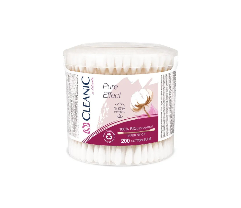 Cleanic Pure Effect Medvilniniai ausų krapštukai - 100% biologiškai skaidūs 1 pakuotė - 200 vnt. (dėžutė) - Higiena