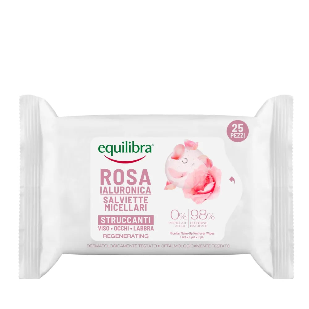 Equilibra Rosa miceliniai servetėlės makiažo valymui su hialurono rūgštimi 1 pakuotė - 25 vnt. - Kosmetika