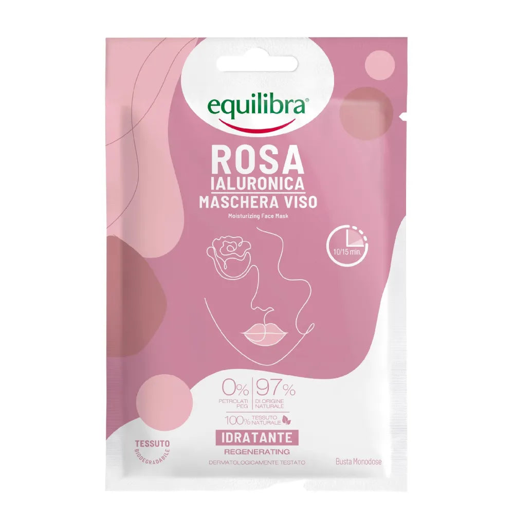 Equilibra Rosa Rose drėkinanti veido kaukė su hialurono rūgštimi 1 vnt. - Kosmetika