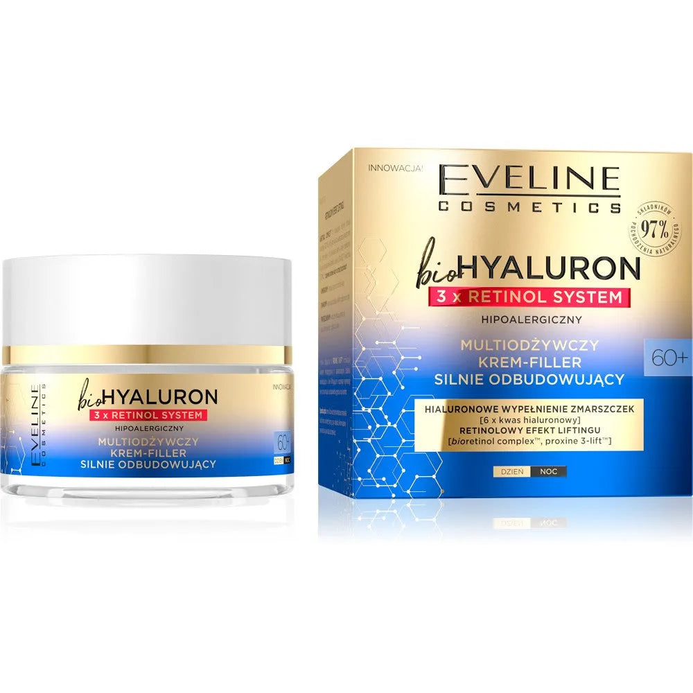 Eveline bioHYALURON 3xRetinol System 60+ Multivitaminų Kremas-Pildiklis stipriai atstatantis 50ml - Kosmetika