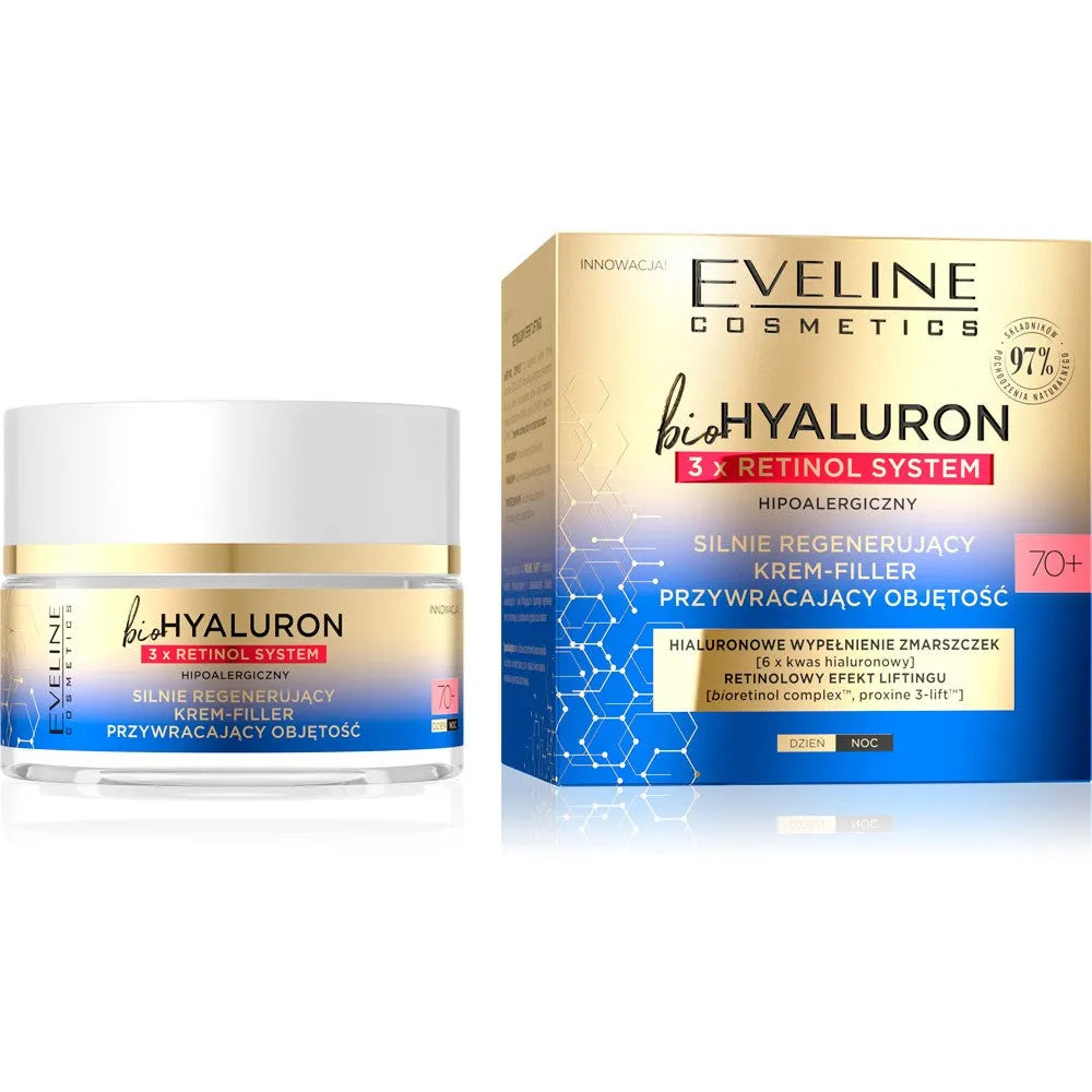 Eveline bioHYALURON 3xRetinol System 70+ Stipriai regeneruojantis Kremas-Pildiklis atkuriantis tūrį 50ml - Kosmetika